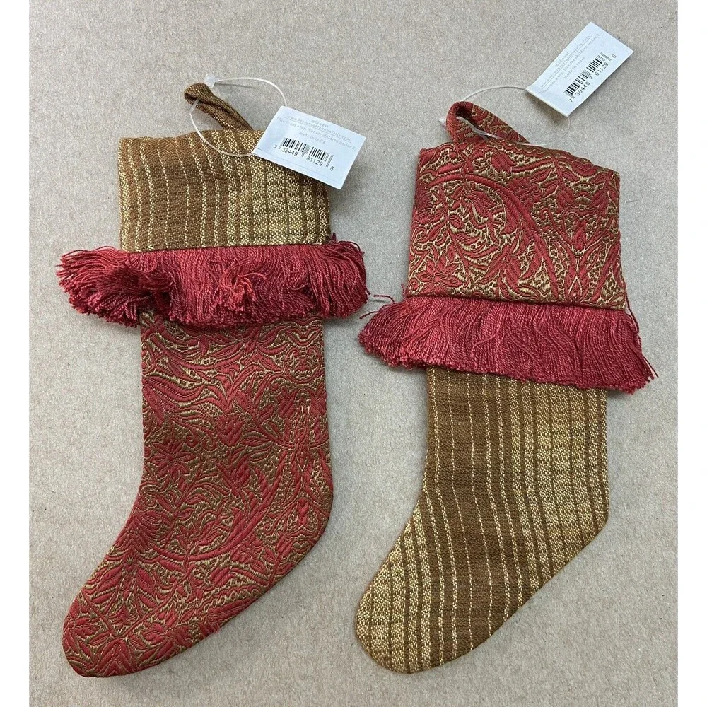 Red and Gold Tapestry Fringed Stocking Ornaments with Hangers Set of 2 8.5